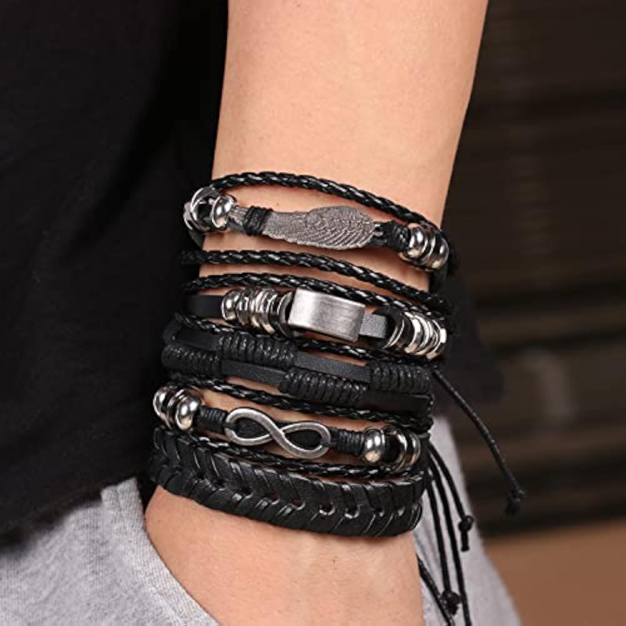 Pack of 5 Stylish Black Synthetic Leather Bracelets